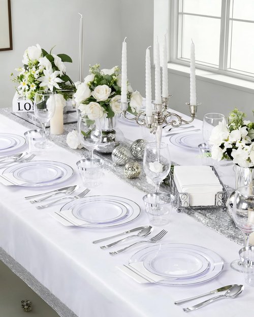 GATHER 700PCS Silver Plastic Plates - Silver Disposable Dinnerware Sets 100 Guest Include 200 Plates, 300 Silverware, 100 Napkins, 100 Cups For Wedding & Party
