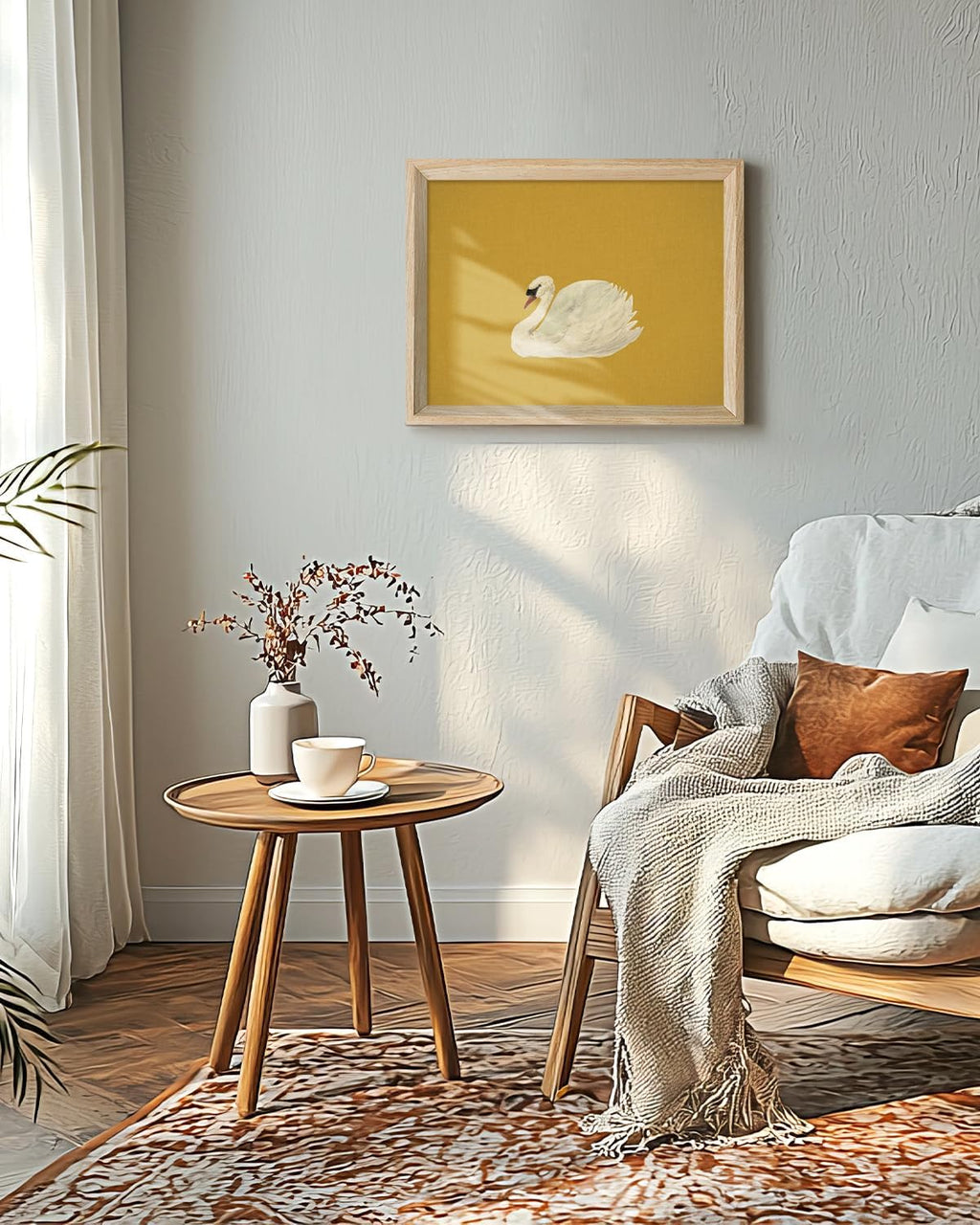 VIYYIEA Minimalist White Swan Wall Art - Modern Mustard Yellow Canvas Print, 11x14 Inch Natural Wood Frame