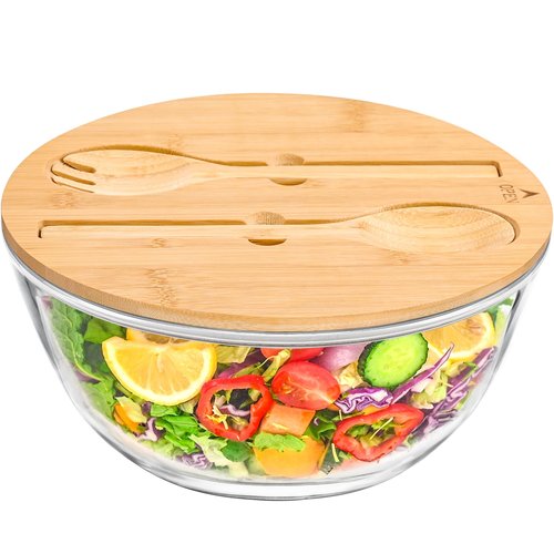 GEHE Glass Salad Bowl with Sealing Lid, 10.6Inch Large Trifle Bowl Glass Fruit Bowl, 4.7 Quart Large Capacity Serving Bowls for Salad, Pasta, Fruit, Dessert Display Cake, Microwave Safe