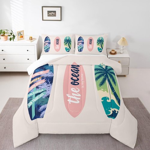 Homewish Surfboard Bedding Set Full Size Summer Sea Surfing Theme Comforter Set 3pcs for Kids Boys Girls Ocean Theme Duvet Insert Luxury Microfiber Down Comforter