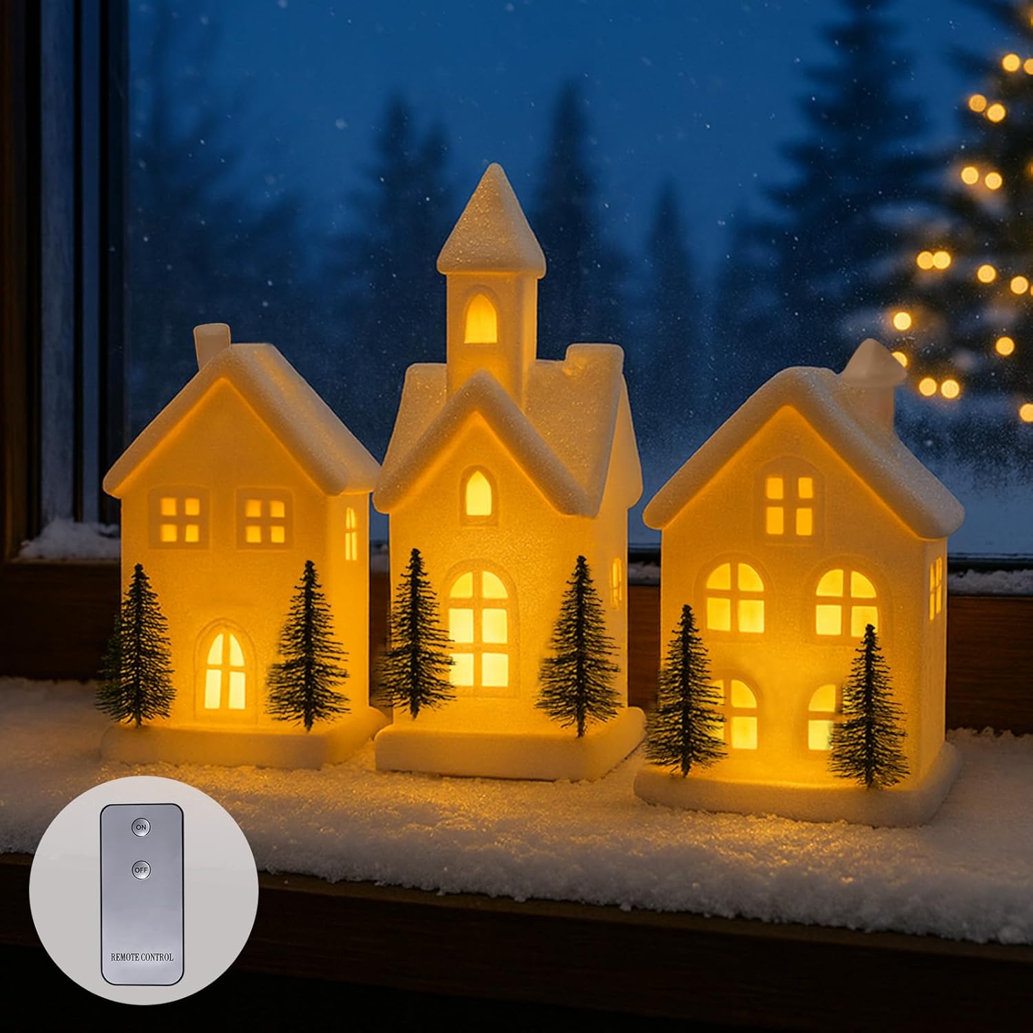 Regine Switzerland Christmas Village Set - 3 Lighted Ceramic Houses with Trees - Rustic White Holiday Decor