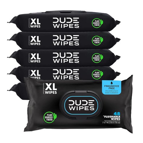 DUDE Wipes | Unscented Extra-Large Flushable Wipes for Sensitive Skin - 6 Pack (288 Count) - Infused with Vitamin E & Aloe