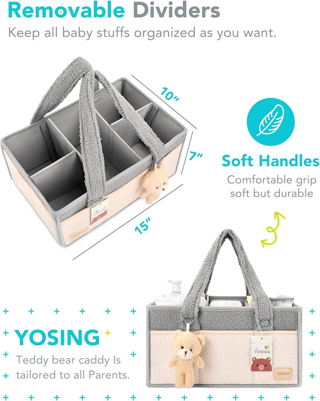 YOSING Diaper Caddy Organizer - Stylish Gray & White Nursery Storage for Baby Wipes & Diapers