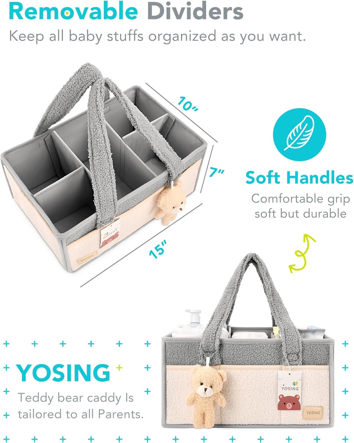 YOSING Diaper Caddy Organizer - Stylish Gray & White Nursery Storage for Baby Wipes & Diapers