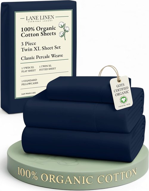 LANE LINEN 100% Organic Cotton Mercerized Twin XL Sheet Set - Luxury Hotel Quality, Navy Color, Machine Washable
