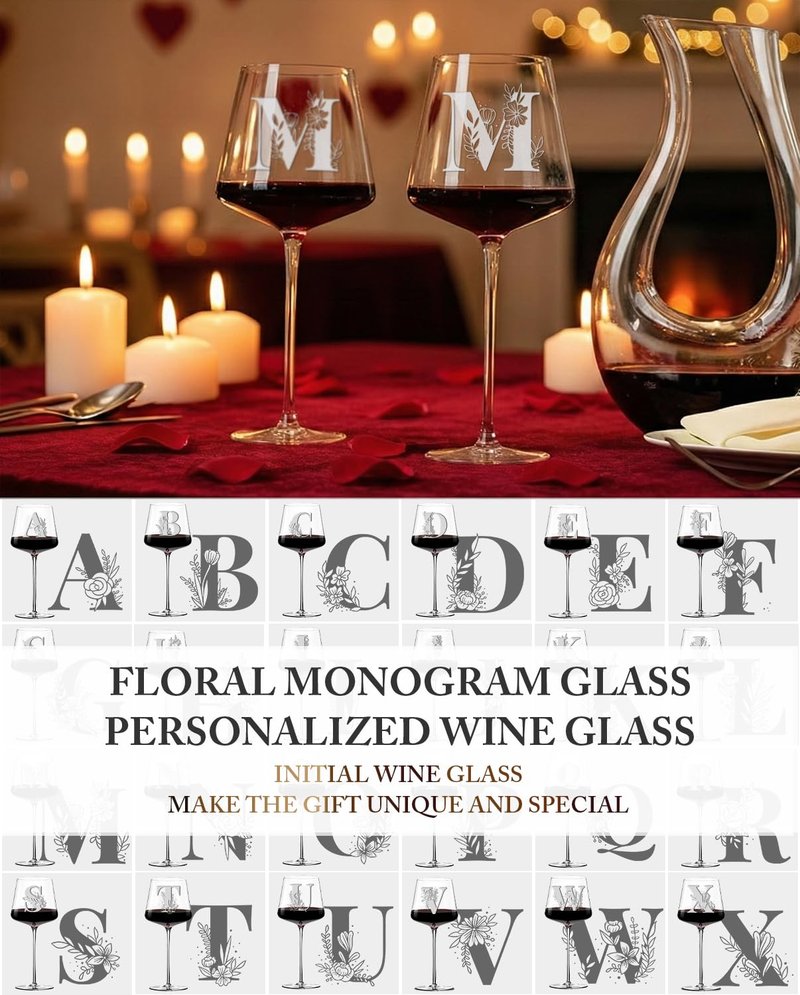 Physkoa Personalized Wine Glass – Custom Initial Monogram Gift for Women, Perfect Birthday & Mother’s Day Gift for Mom, Wife, Sister, Best Friend, Etched Dishwasher Safe (Letter M)