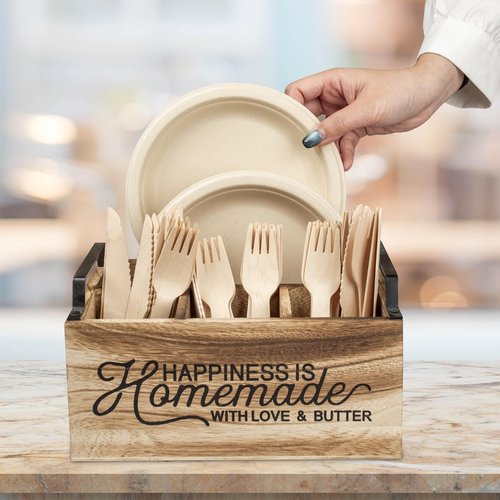 KOVNISE Kitchen Utensil Holder With Handle Wooden Utensil Organizer for Counter Multifunctional Countertop Organizer for Storage Cooking with 4 Compartment Farmhouse Kitchen Decor (Brown)