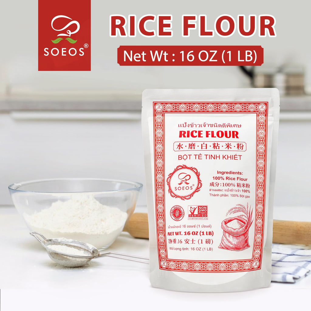 Soeos Rice Flour - All-Natural Gluten-Free Baking Flour | 16 Ounce Resealable Bag for Sourdough
