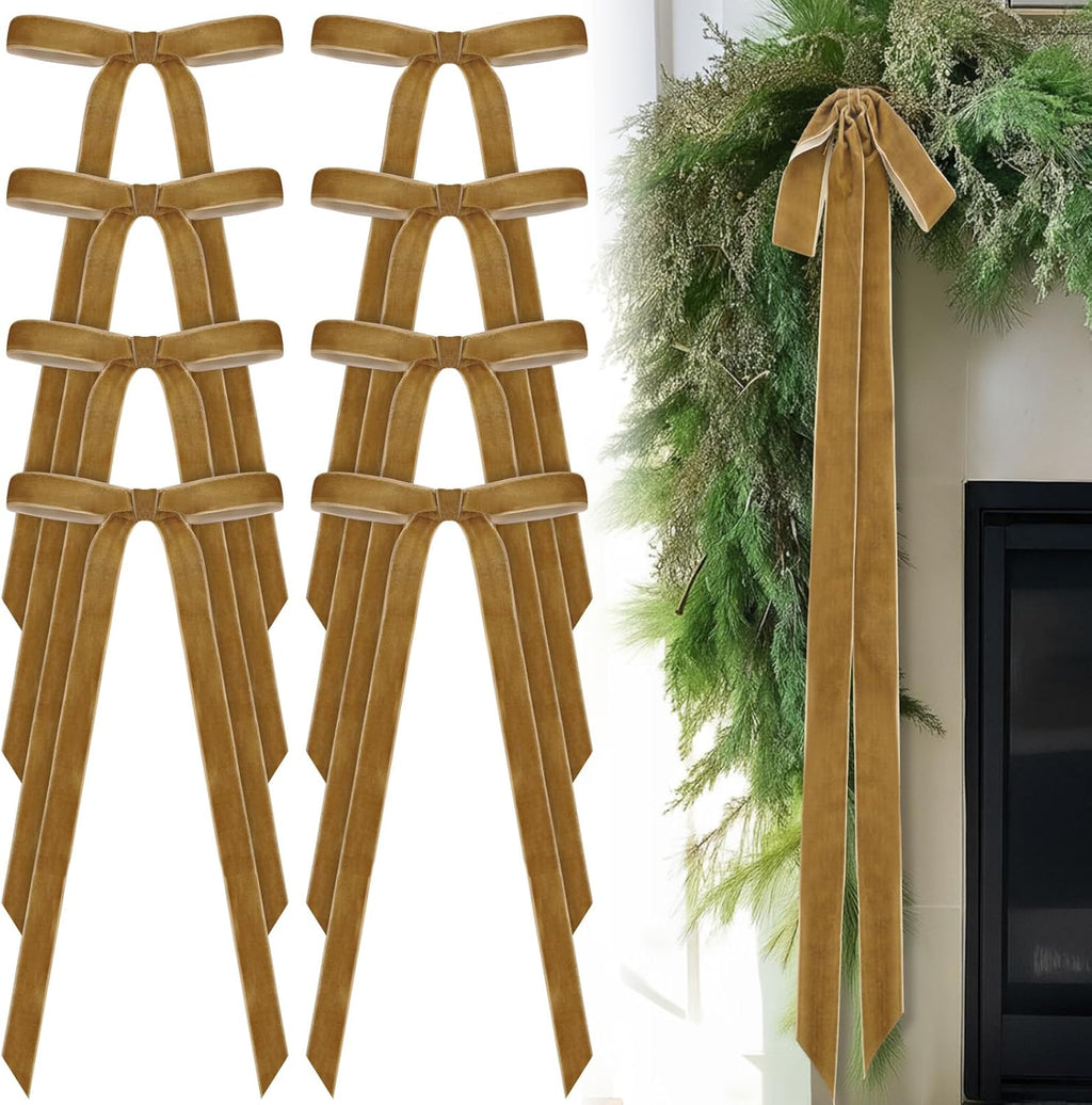 Skiennix 24 Pcs Velvet Bows - Vintage Ribbon for Christmas Tree & Crafts | 10 x 18 Inch, Khaki