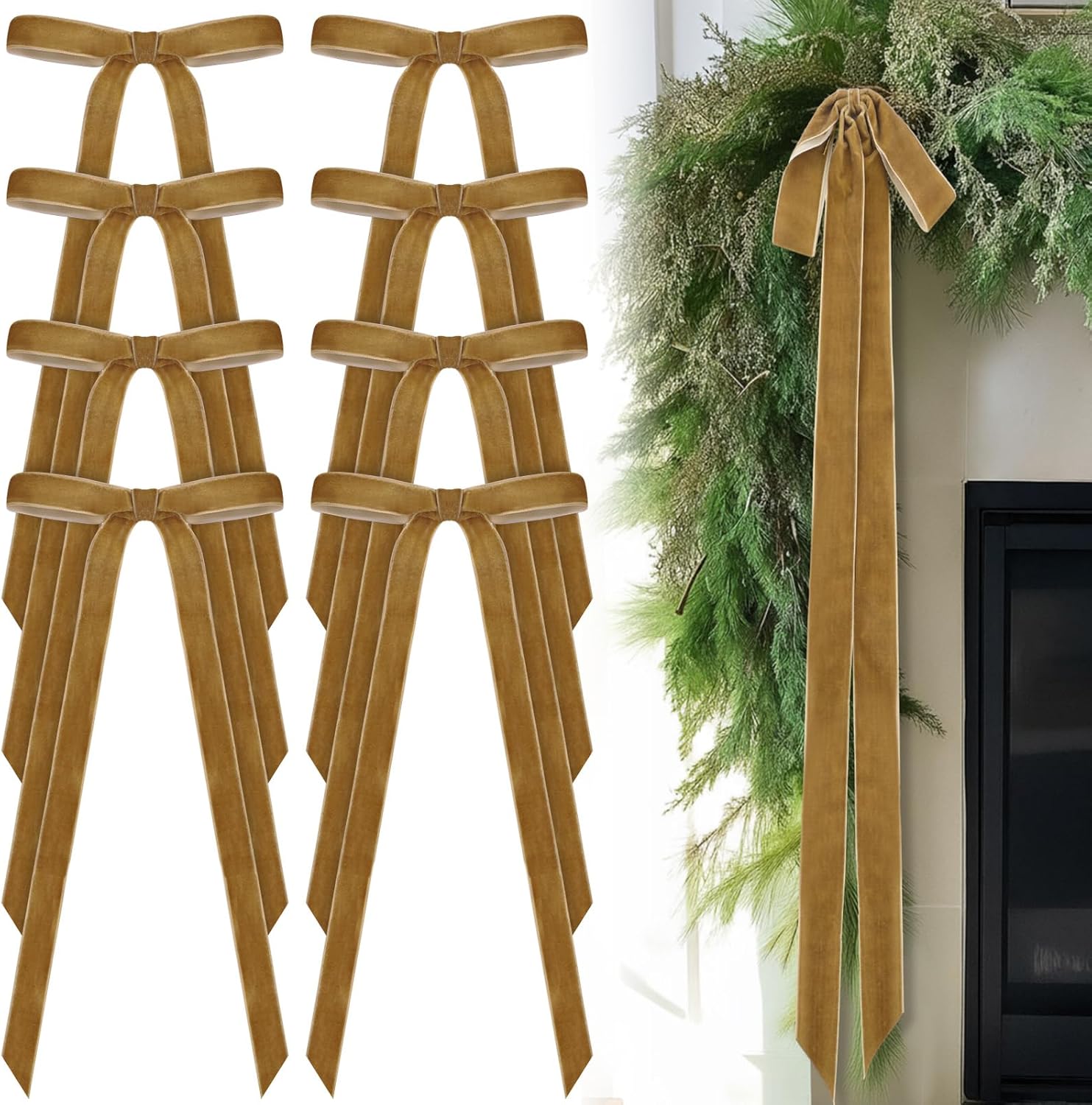 Skiennix 24 Pcs Velvet Bows - Vintage Ribbon for Christmas Tree & Crafts | 10 x 18 Inch, Khaki