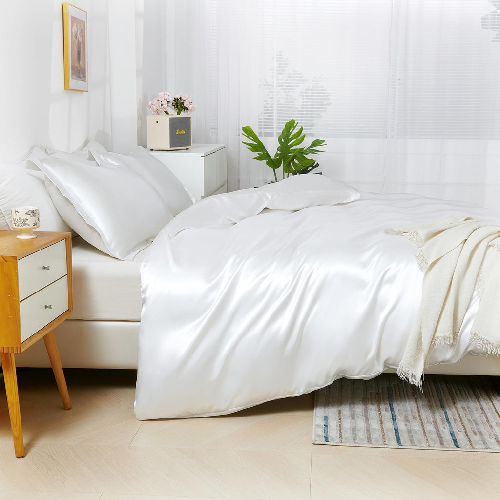 HOdo Home Satin Duvet Cover Twin Size, 3 Piece Silk Like Comforter Cover, Ultra Soft and Breathable Bedding Set with Zipper Closure & Corner Ties (White)