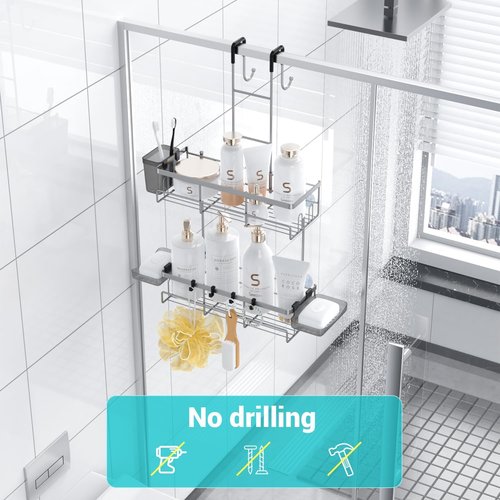 Aitatty Hanging Shower Caddy - Rustproof Over-Door Organizer | No-Drill Bathroom Rack in Silver