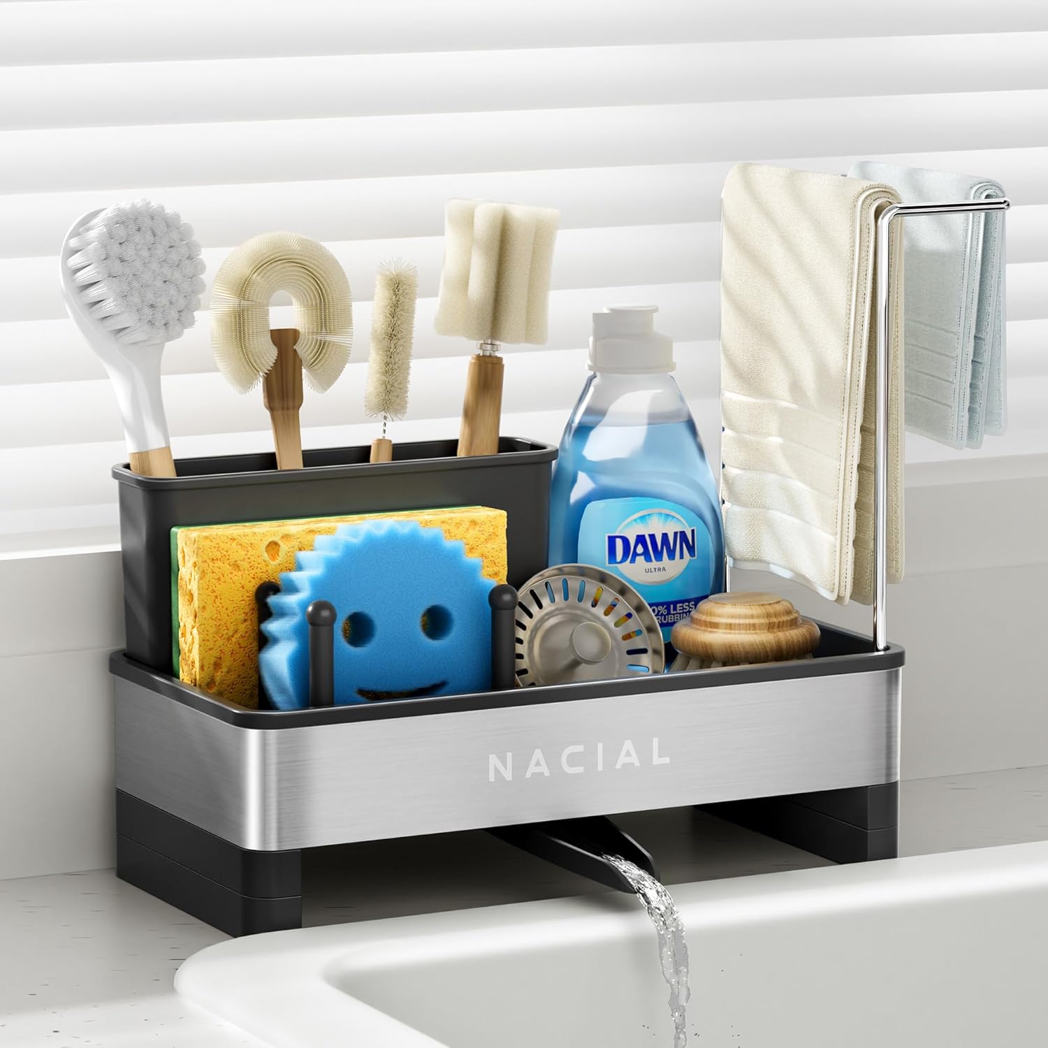 Nacial Kitchen Sink Caddy Organizer - Rustproof 304 Stainless Steel with Brush Holder & Towel Racks