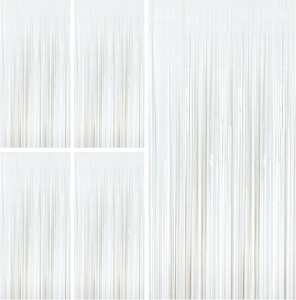 Skiennix White Foil Fringe Backdrop Curtains - Tinsel Streamers for Birthday & Graduation Decor