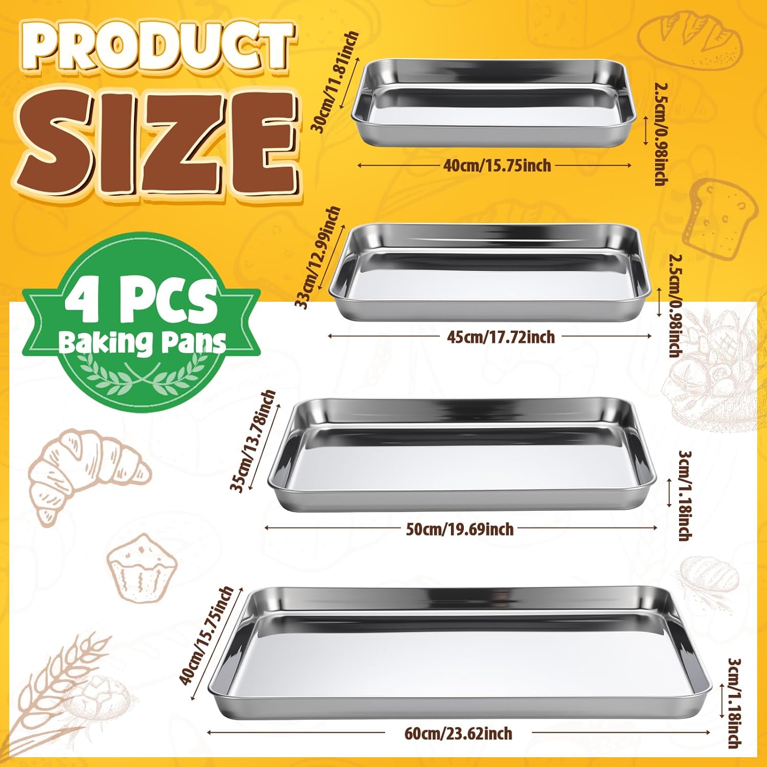 Skiennix Stainless Steel Baking Pans Set - Heavy Duty Non-Stick Cookie Sheets | 16/18/20/24 Inch