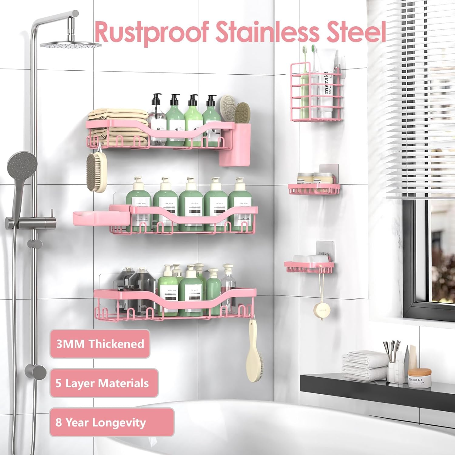 NESOMI Shower Caddy - Rustproof Stainless Steel Organizer with Large Capacity | 8-Pack No-Drill Storage Accessories