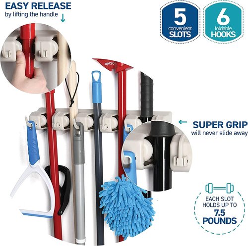 Garage Storage Organizer | Mop and Broom Holder Wall Mount by [Brand Name] - 5 Slots, 6 Hooks, 7.5lbs Capacity - Off-White for Home & Kitchen