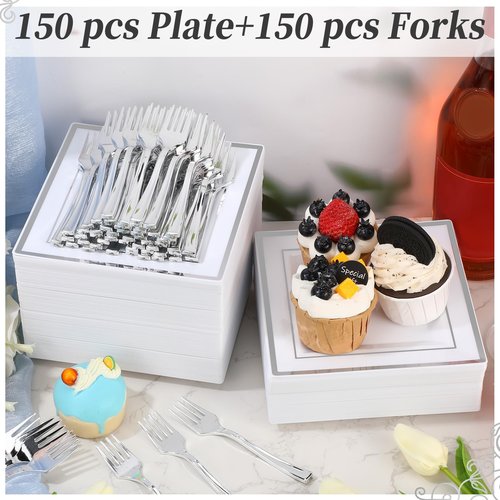Gandeer 300 Pcs Square Plastic Plates with Forks Set Include 150 Disposable 6.5 Inch Dessert Plates Heavy Duty and 150 Plastic Appetizer Forks for 150 Guests Weddings Party Supplies(Silver)