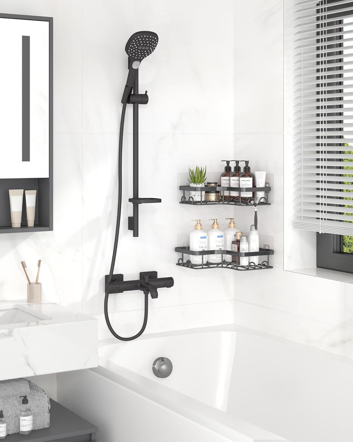 Sakugi Corner Shower Caddy - Rustproof Stainless Steel Organizers with 8 Hooks | No Drilling, 2 Pack, Black