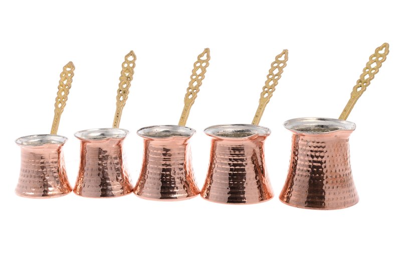 Turkish Solid Hammered Copper Greek Arabic Coffee Pot Stovetop Coffee Maker Cezve Ibrik Briki with (5 Size) (Metal Handle)