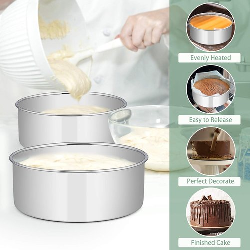 E-far 9½ x 3 Inch Round Cake Pans, Stainless Steel Deep Cake Baking Pan Tin for Birthday Wedding Party Chiffon Cheesecake, Healthy & Non-Toxic, Straight Side & Dishwasher Safe - Set of 2