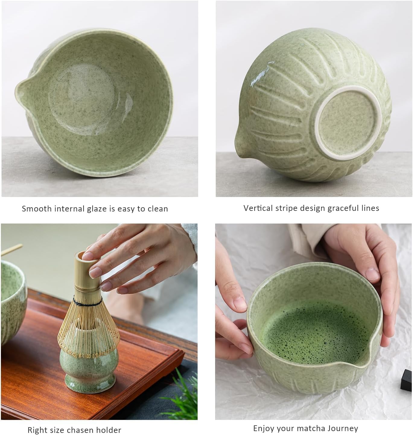 TANG PIN Matcha Set - 4pc Matcha Whisk Kit with Bowl, Whisk, Scoop & Stand | Mottled Green, 15 OZ