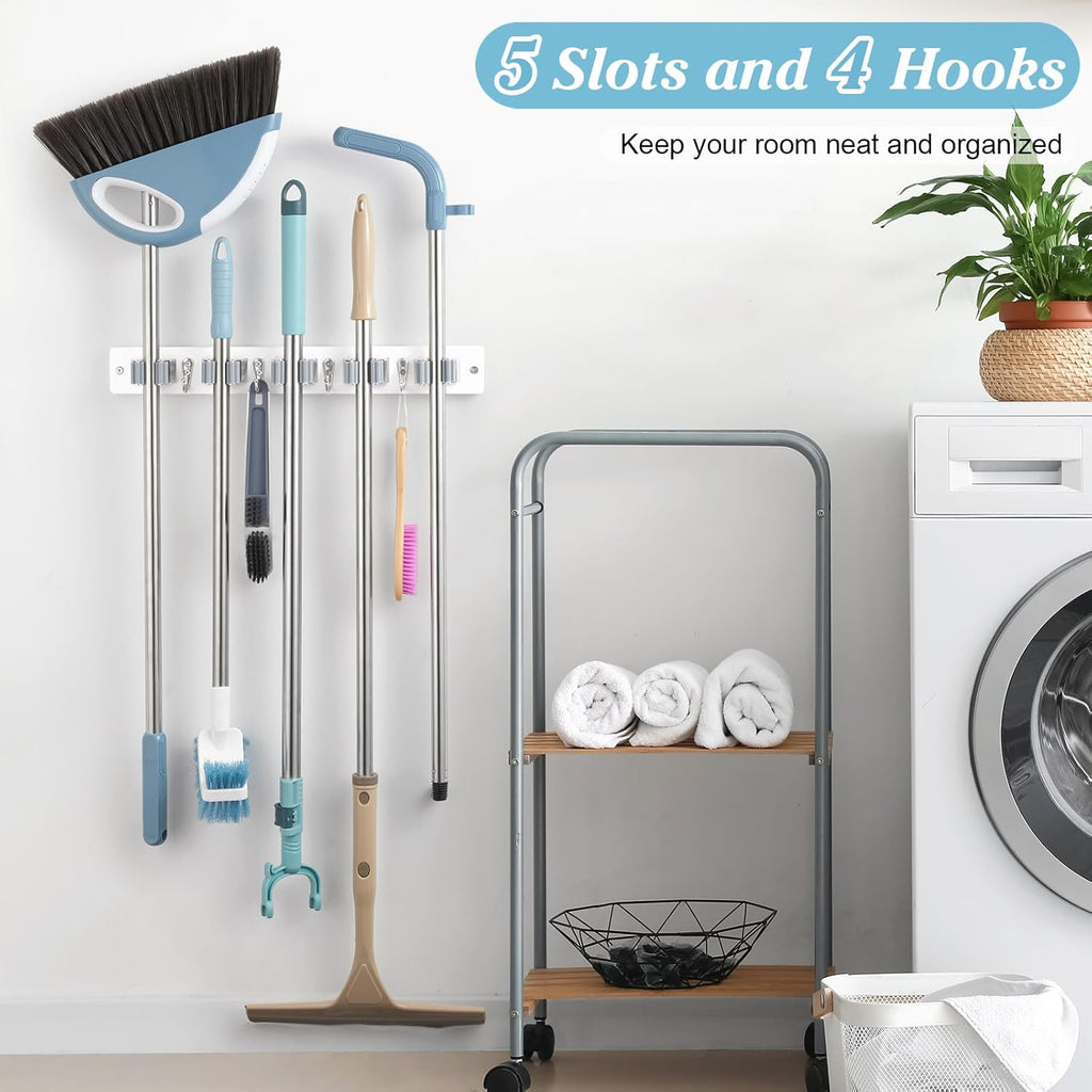White Broom Holder Wall Mount - Heavy-Duty Wood Organizer with 5 Slots & 4 Hooks | Ideal for Laundry, Kitchen & Garage Storage