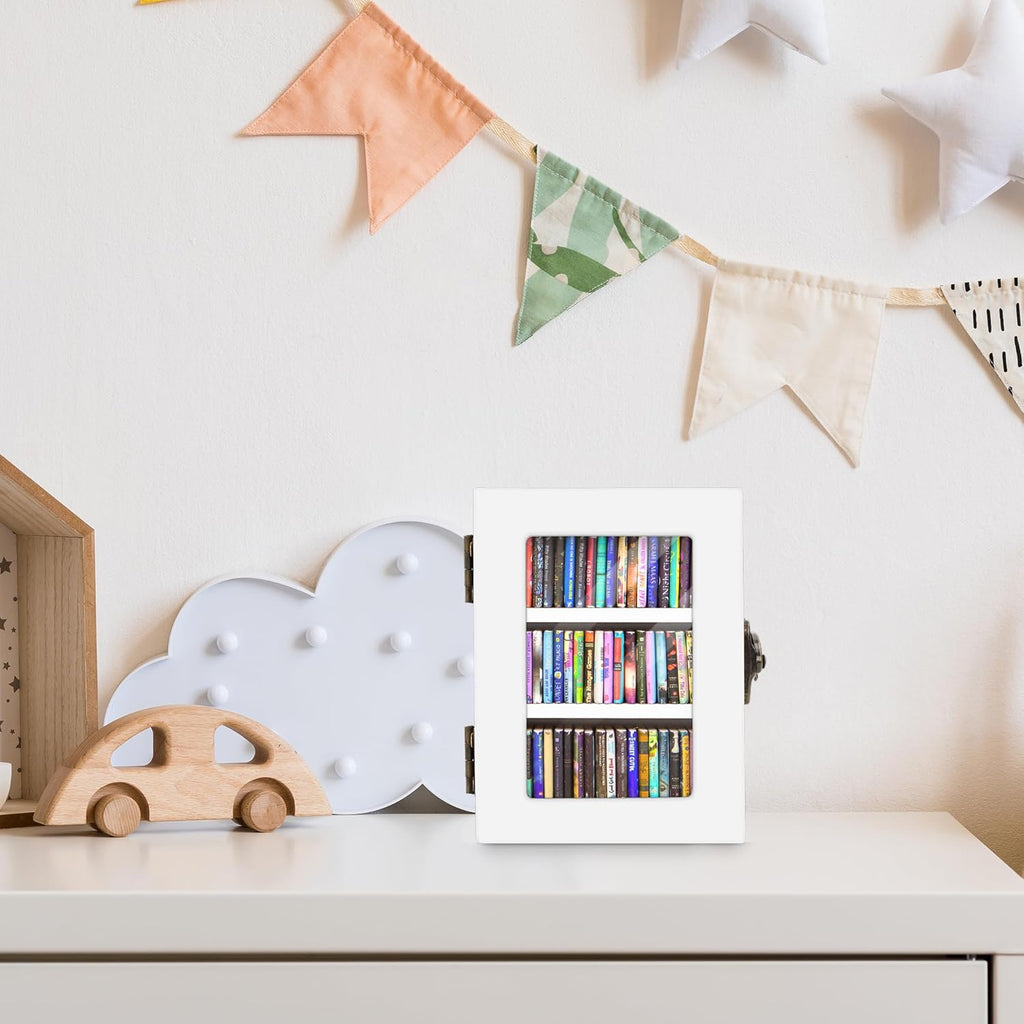 Skiennix Mini Bookshelf | 60PCS Wooden Miniature Book Library for Stress Relief - White Decor Gift