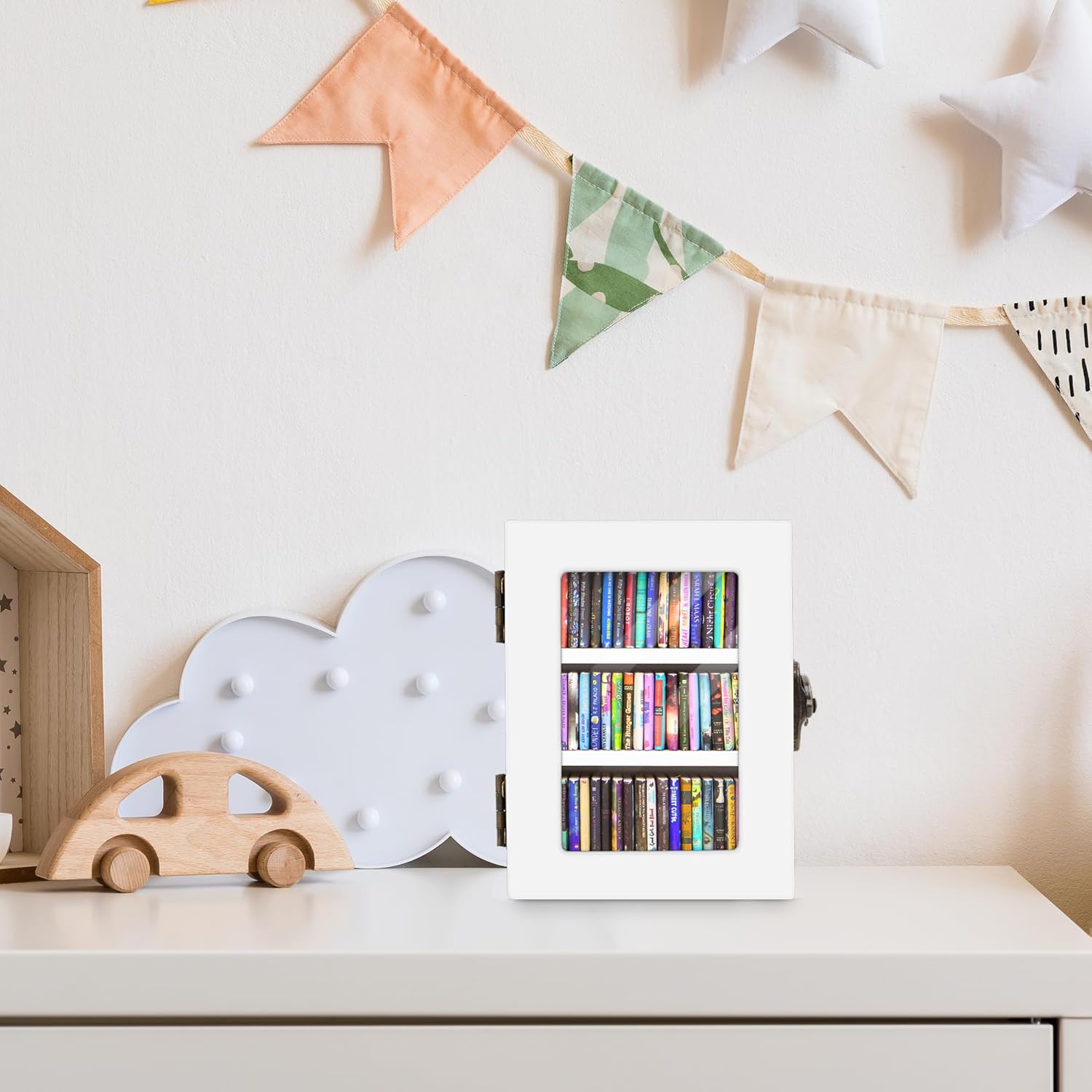 Skiennix Mini Bookshelf | 60PCS Wooden Miniature Book Library for Stress Relief - White Decor Gift