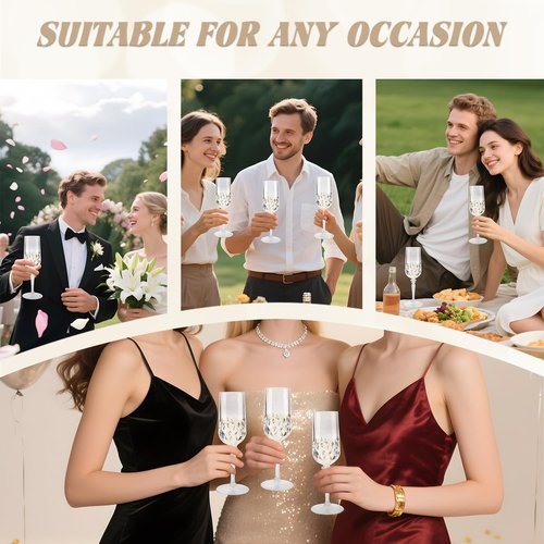 LEYIQU Detachable Plastic Champagne Flutes 7oz (Set of 12, Clear), Reusable Shatterproof Unbreakable Champagne Glasses, Toasting Cups for Wedding, Party, Mimosa Bar, Anniversary & Event Drinks