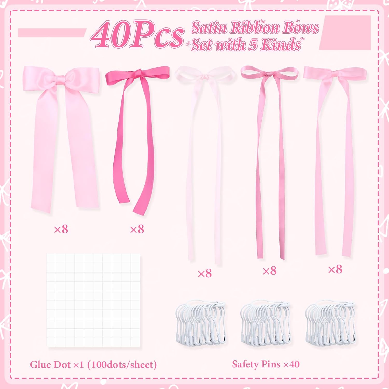Skiennix Pink Bow Wall Decor - 40 Pcs DIY Ribbon Bows Garland for Birthday, Baby Shower & Room Decor