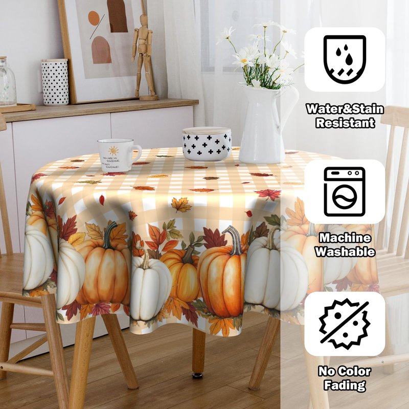 VentuCoven Pumpkin Table Cloth Fall Tablecloth 60 inch Maple Leaf Round Tablecloth for Kitchen Dining Circular Table Orange Buffalo Plaid
