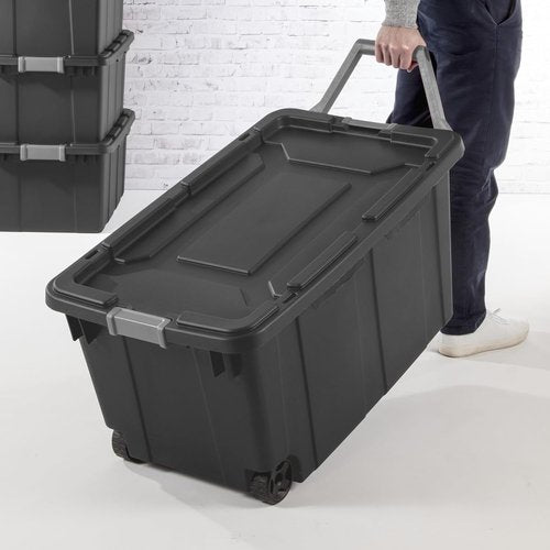 Heavy-Duty 40 Gal Wheeled Storage Bin - Large Black Plastic Tote for Garage, Camping & Moving