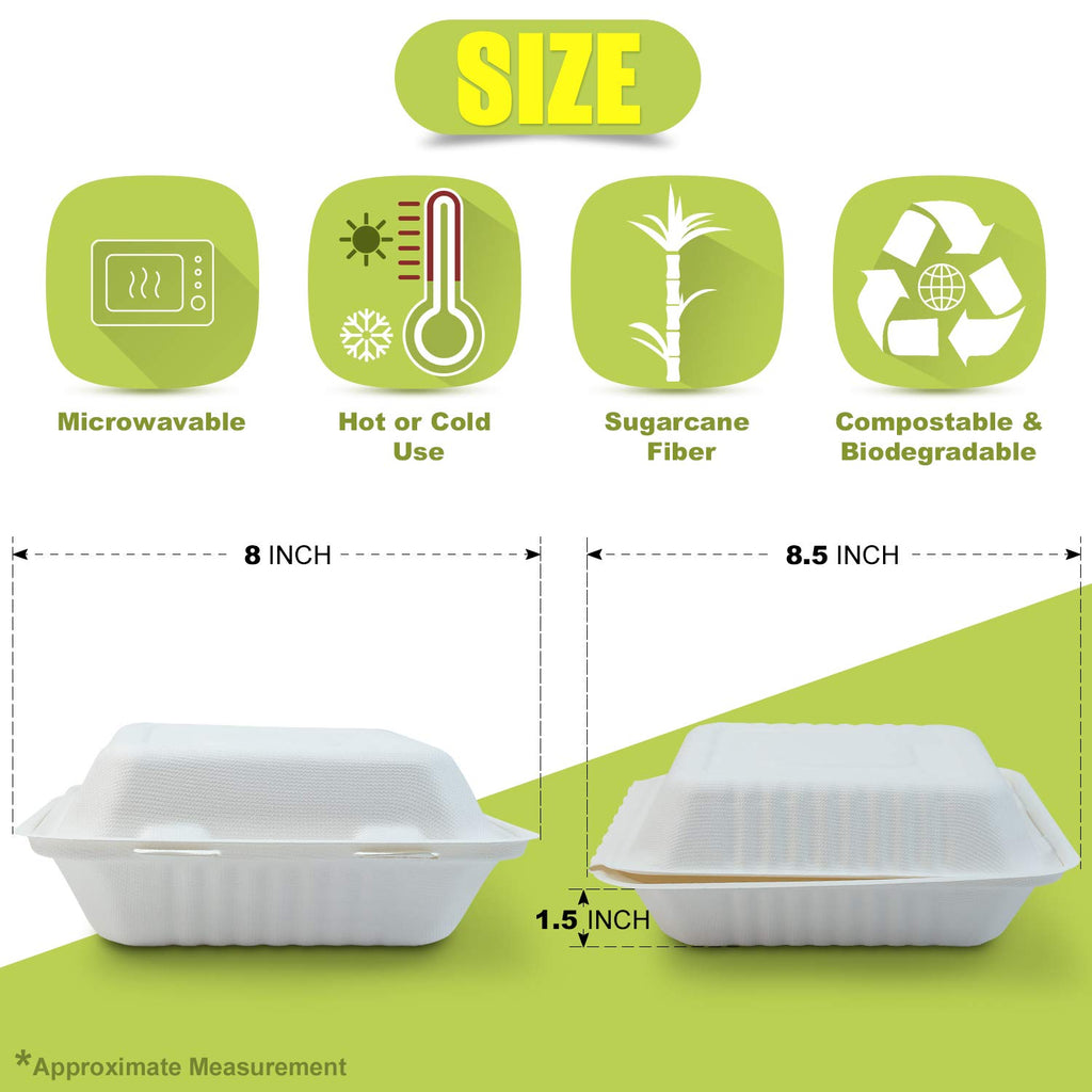 Green Earth 8-Inch, 200-Count, 1-Compartment, Compostable Clamshell, Natural Bagasse (Sugarcane Fiber), Take-Out/to-Go Boxes - Microwave-Safe