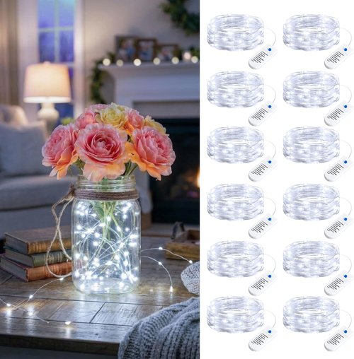Minetom 12 Pack Battery Operated Fairy String Lights - 8 Modes, 7ft Waterproof Silver Wire, Perfect for DIY Decor & Events