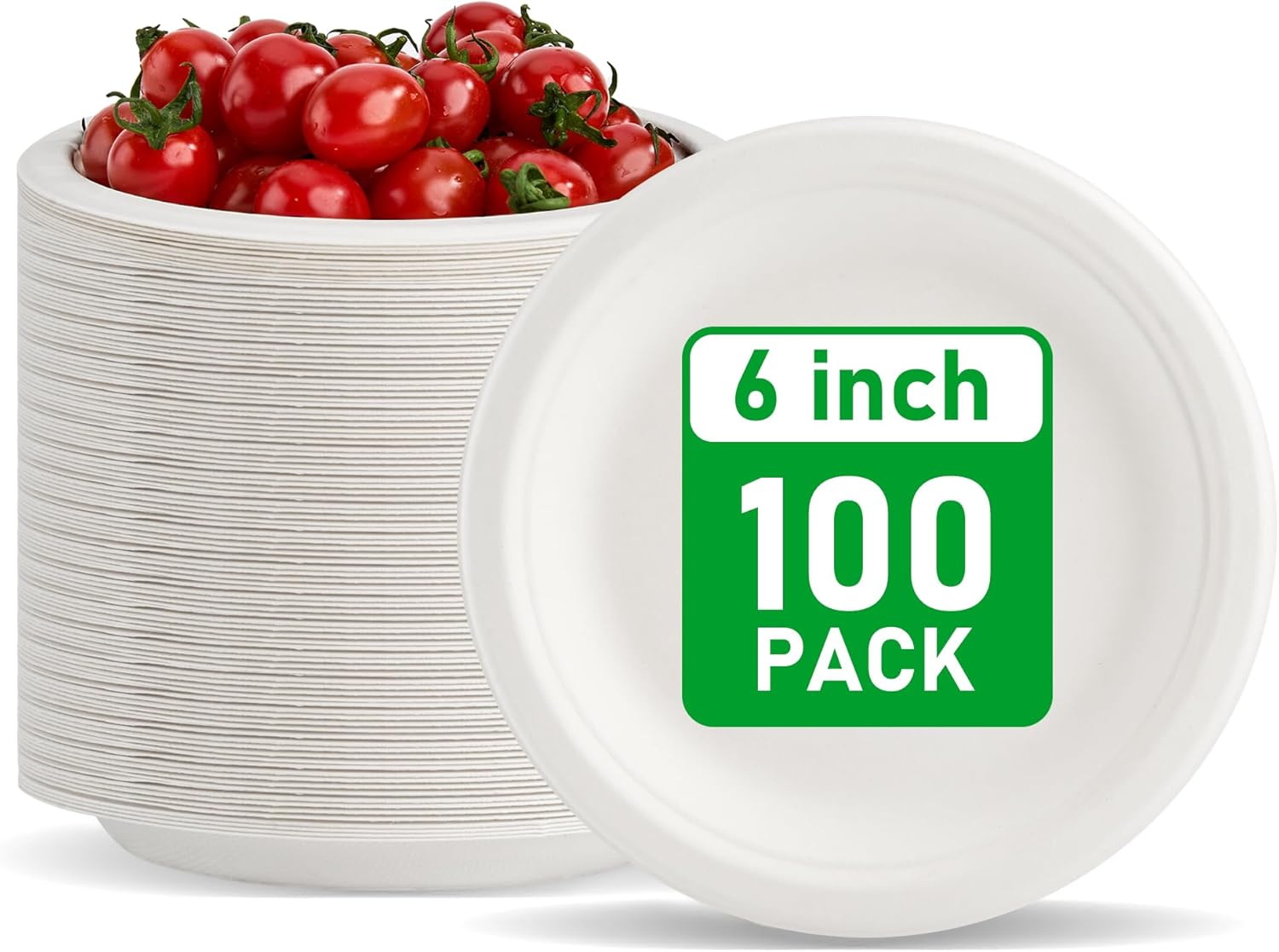 RACETOP Compostable Small Paper Plates - 6 Inch Biodegradable Dessert Plates | 100 Pack, Heavy Duty, Unbleached White