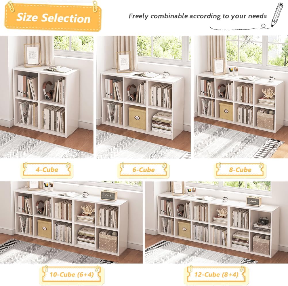 NELY 4 Cube Organizer Bookcase - Stylish Fabric Storage Bins & Open Shelves, White Finish
