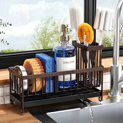 Cisily Kitchen Sink Caddy Organizer - Rustproof 304 Stainless Steel Sponge Holder | Brown Color