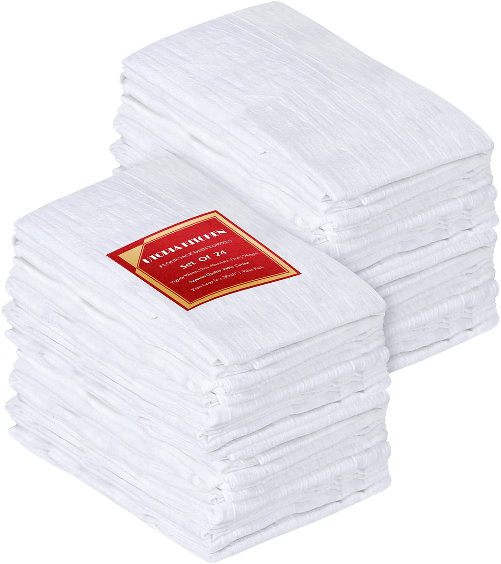 Utopia Kitchen White Flour Sack Towels [24 Pack - 28 x 28 Inch] 100% Cotton Tea Towels for Cleaning & Drying - Highly Absorbent Kitchen Dish Cloth