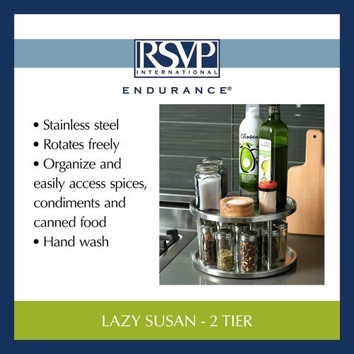 RSVP International Two-Tier Turntable Lazy Susan | Handy in Cabinet, Refrigerators & Counters | Organize Spices, Canned Foods, Pots, Pans, Dinnerware, 10.5" x 6", Stainless Steel