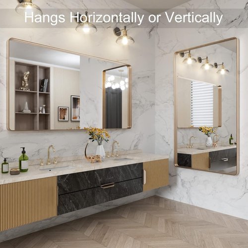 LOAAO Gold Bathroom Mirror - 55”X30” Rounded Rectangle Design | Anti-Rust Tempered Glass, Wall-Mounted