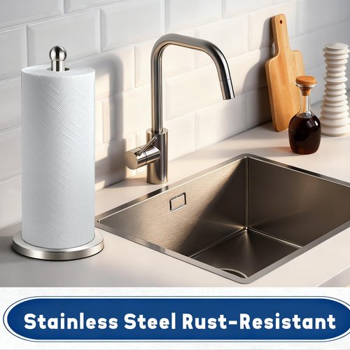 DAWNER Paper Towel Holder for Countertop, Easy One-Handed Tear, Stainless Steel, Weighted Base with Suction Cups, Non-Slip Paper Towel Stand for Kitchen, Bathroom, Brushed Nickel