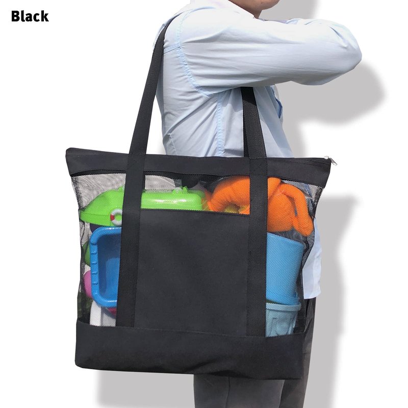 hsmyank 2Pack Mesh Tote Bag,Sandproof Beach Bags with Zipper &Double Pocket For Groceries,Poolside,Travel,Towels (Black)