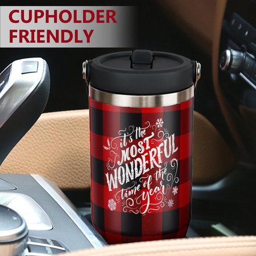 Exacmos 30oz Christmas Tumbler with Handle and Straw, Stainless Steel Vacuum Insulated Flip Straw 30 oz Buffalo Coffee Tumbler, Spill Proof Travel Mug, Merry Christmas Decor Gifts for Women