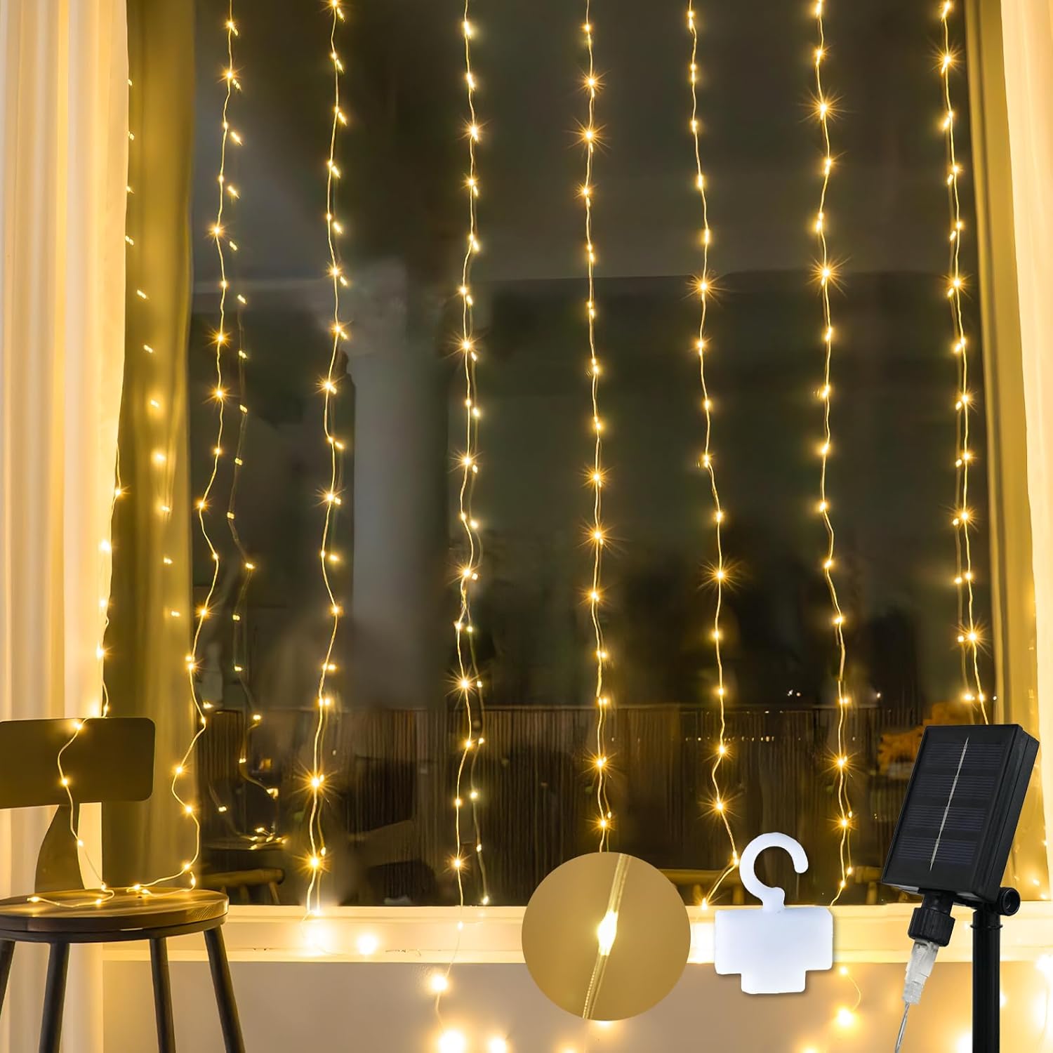 Suddus Solar Tangle-Free Curtain Lights - 200 LED Waterproof Hanging Lights for Christmas & Events
