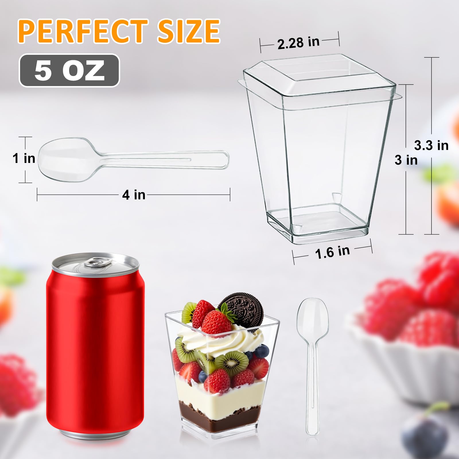 SEANSDA 50 Pack 5oz Plastic Dessert Cups with Lids and Spoons