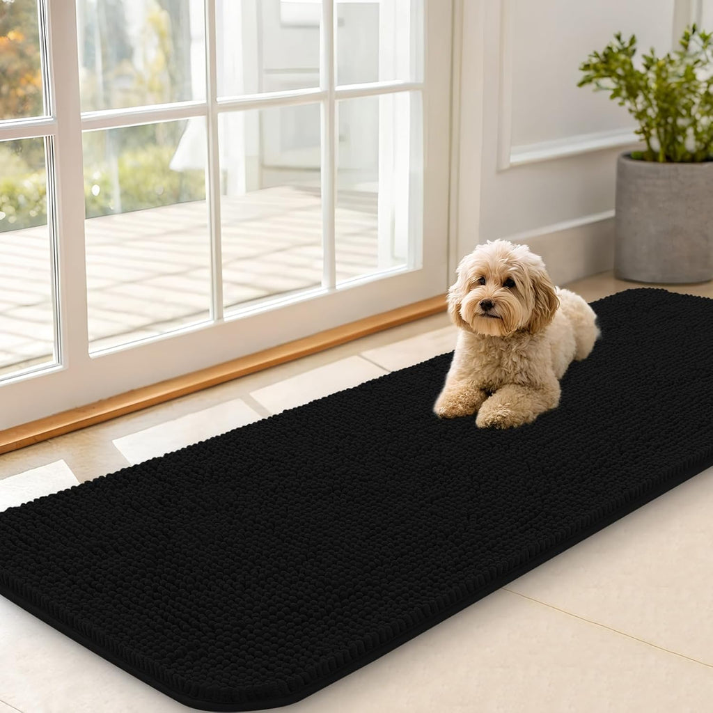 OLANLY Dog Door Mat - Absorbent Non-Slip Washable Doormat for Muddy Paws | 59x20 Black Chenille Mat