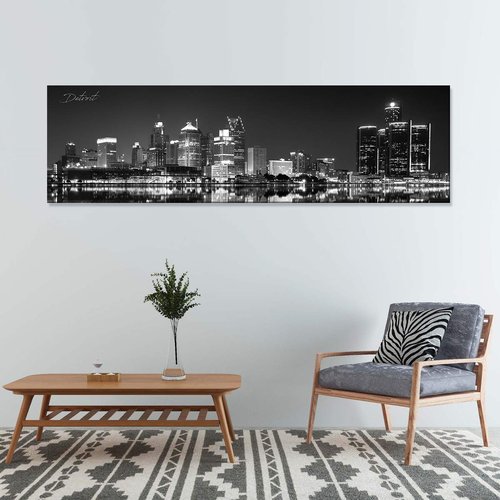 Black and White Detroit Skyline Wall Art for Living Room USA Michigan Cityscape Picture Bedroom Wall Decor Night View Downtown City Building Skyscraper Panoramic Painting Artwork Home Decoration 14x48
