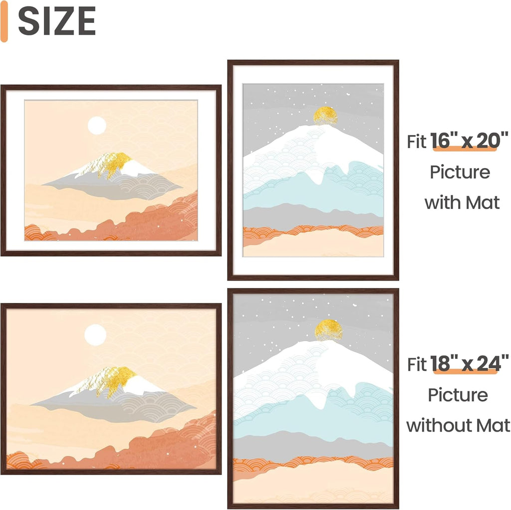 Upsimples 18x24 Picture Frame - Versatile Display for 16x20 with Mat or 18x24 Without - Brown, 1 Pack