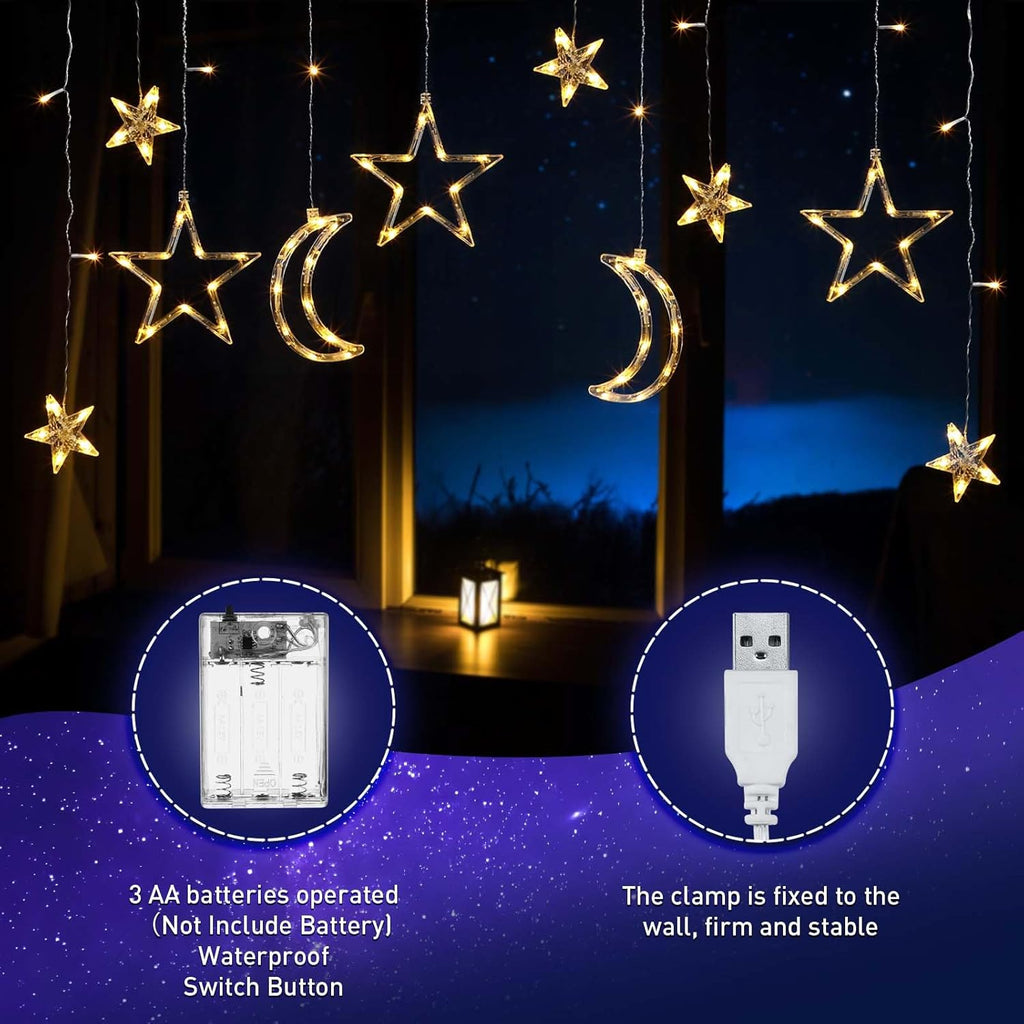Riakrum LED Star and Moon String Lights - 11.48 ft Waterproof Warm White Fairy Lights for Bedroom | USB Powered Decor